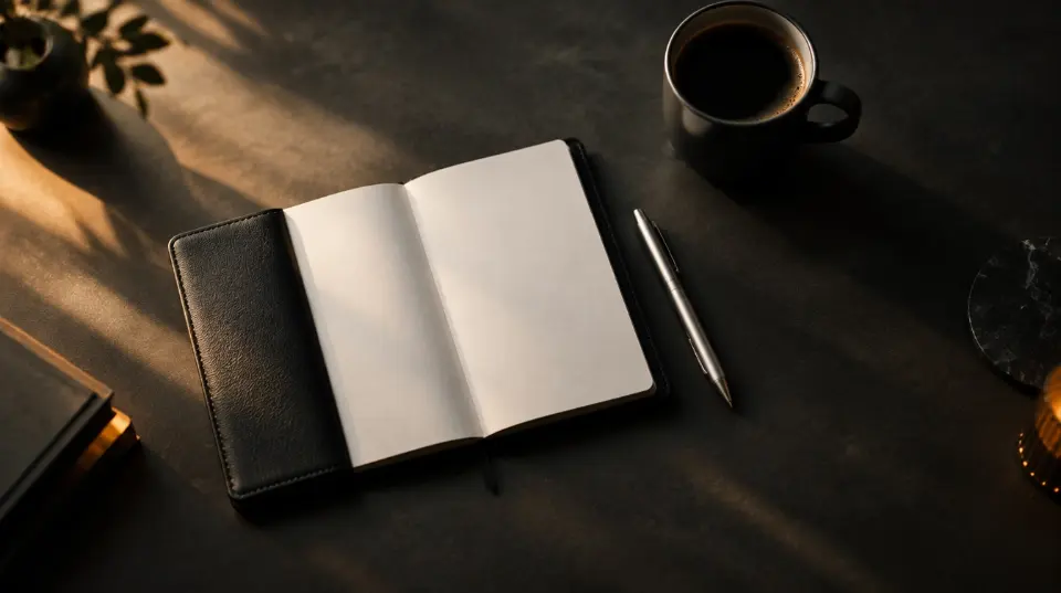 An open notebook and a pen beside a cup of coffee on a dark desk