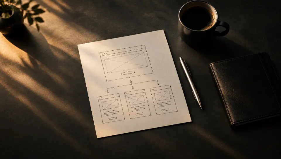 A hand-drawn plan of website pages on paper, next to a pen and a coffee