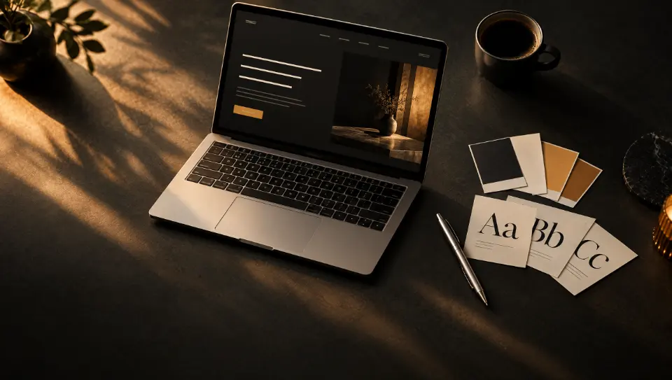 A laptop showing a dark website design, with colour swatches and serif type samples beside it