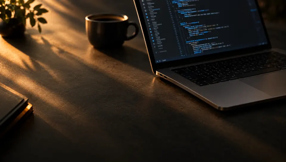 A laptop showing website code in warm evening light