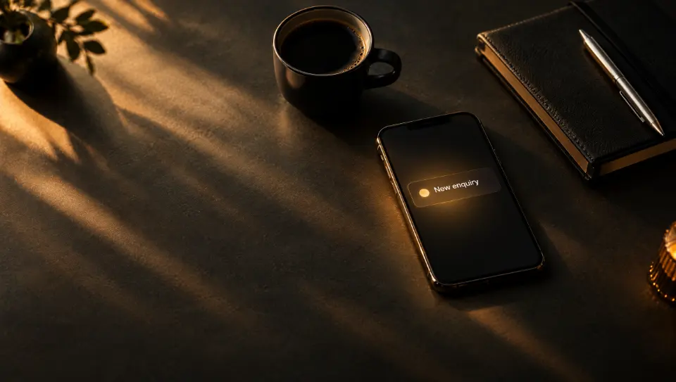 A phone on a desk showing a new enquiry notification